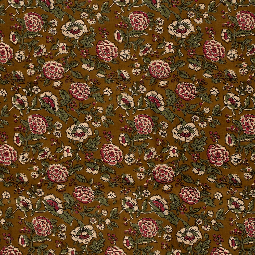 Red On Olive Floral Indian Block Print In Cotton By Modelo Fabrics