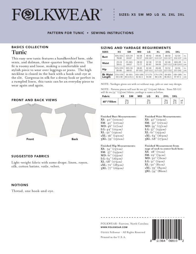 Tunic From Basics Range by Folkwear Patterns