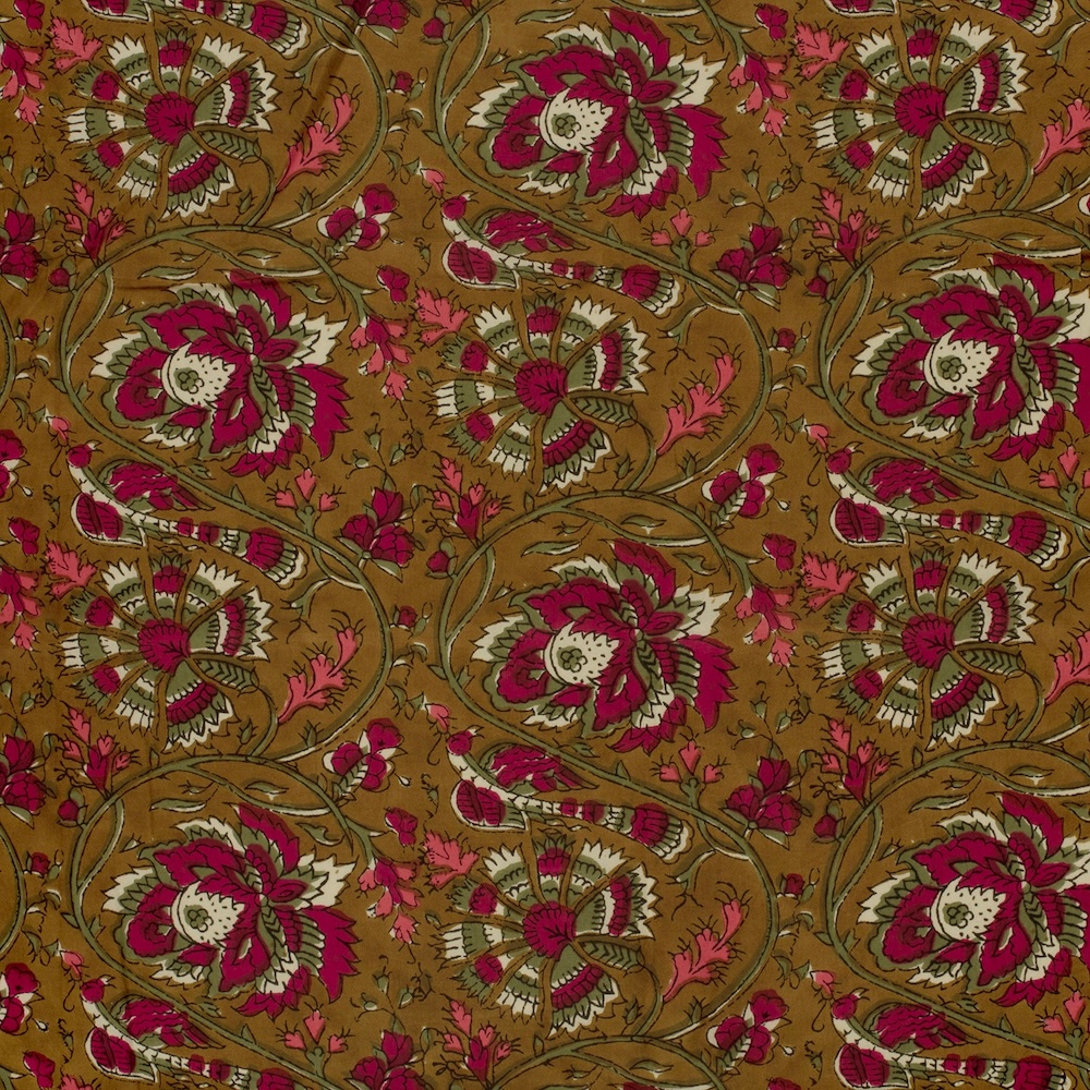Wine On Olive Floral Indian Block Print In Cotton By Modelo Fabrics