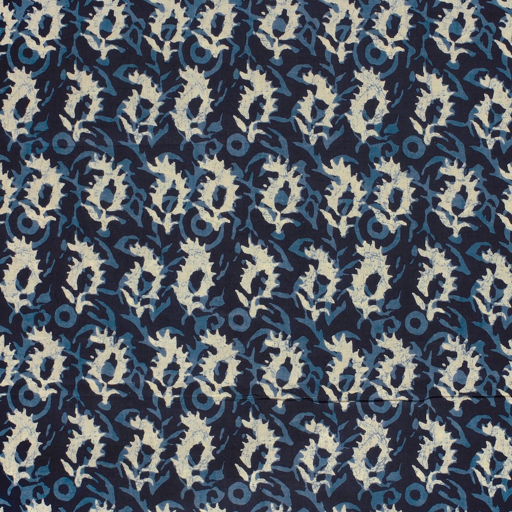 Cream And Blue On Indigo Abstract Indian Block Print In Cotton By Modelo Fabrics