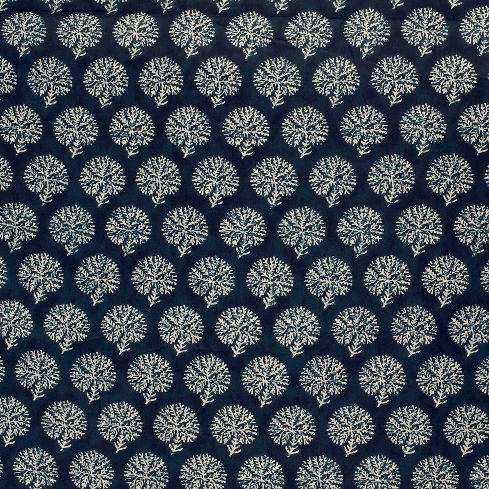 Cream On Indigo Abstract Indian Block Print In Cotton By Modelo Fabrics