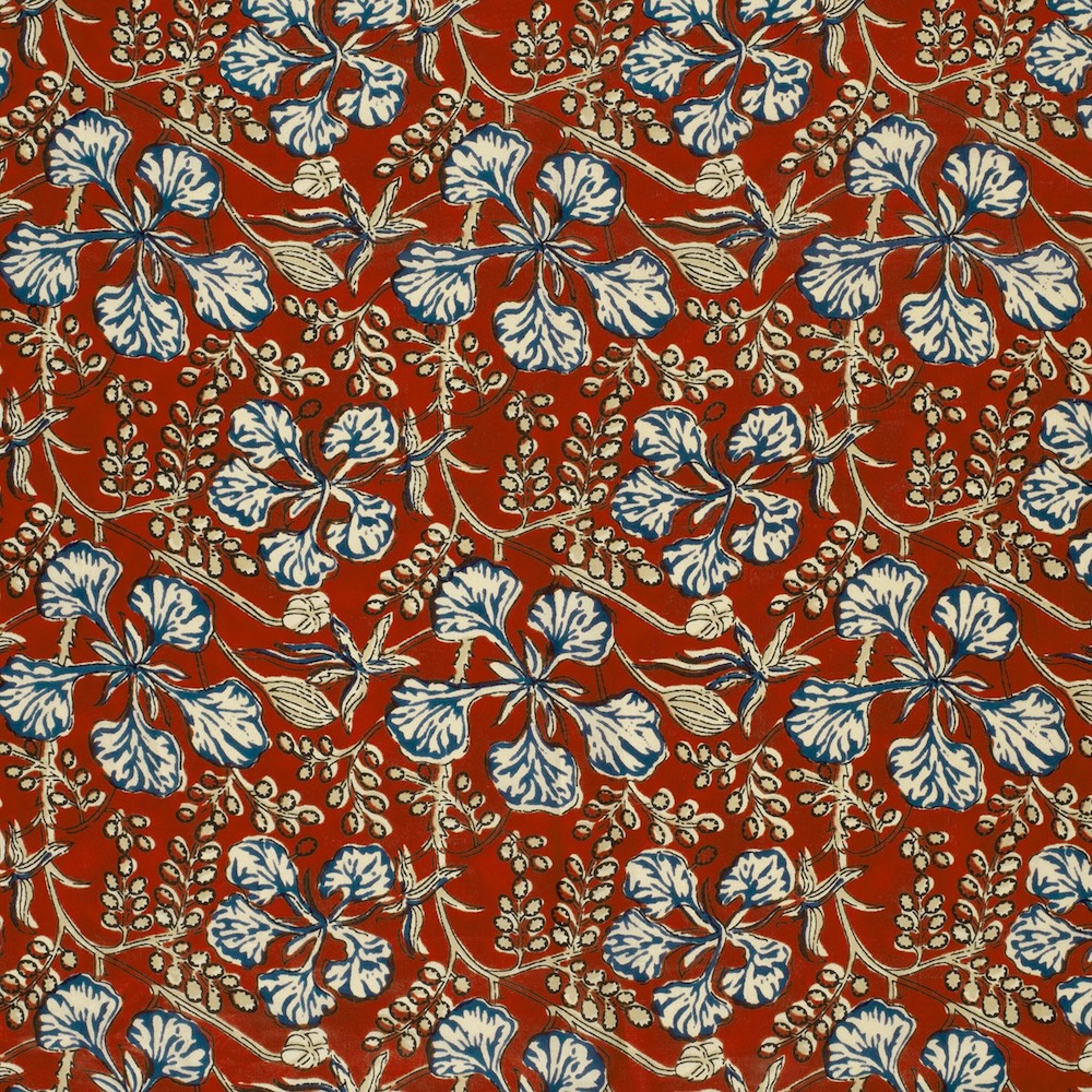 Beige And Blue On Copper Leaves Indian Block Print In Cotton By Modelo Fabrics