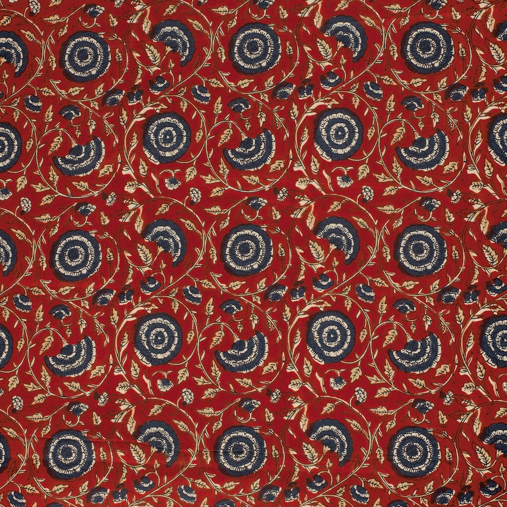 Blue And Cream On Red Floral Indian Block Print In Cotton By Modelo Fabrics