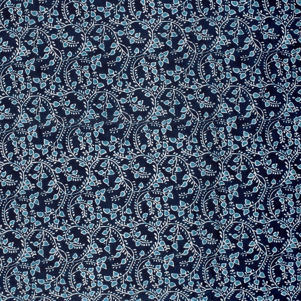Blues On Indigo Leaves Indian Block Print In Cotton By Modelo Fabrics