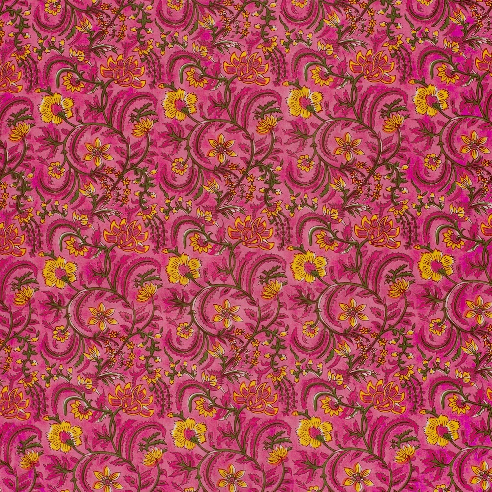 Yellow On Pink Floral Indian Block Print In Cotton By Modelo Fabrics