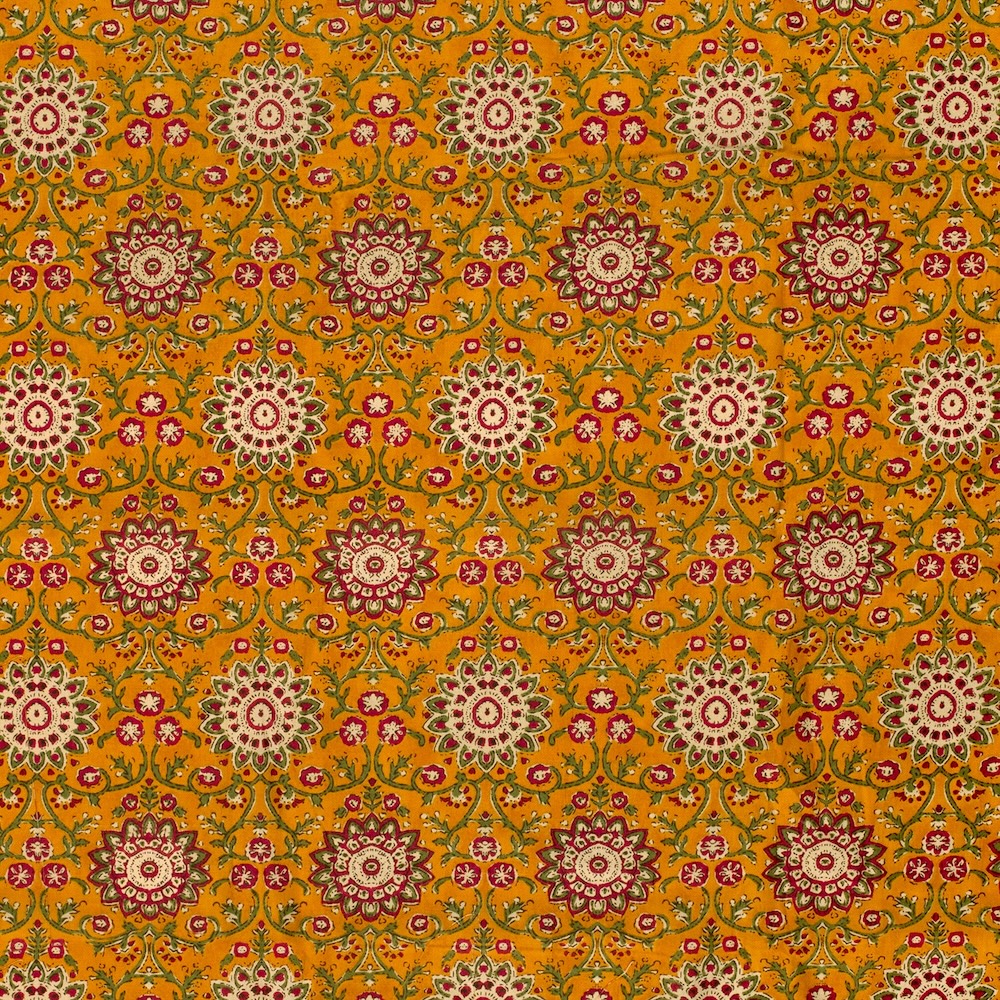 Green And Red On Ochre Floral Indian Block Print In Cotton By Modelo Fabrics