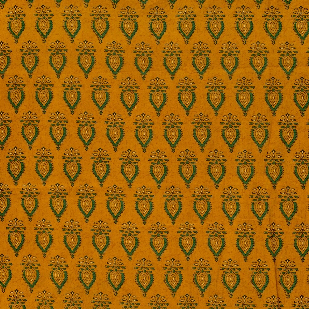 Green On Ochre Abstract Indian Block Print In Cotton By Modelo Fabrics