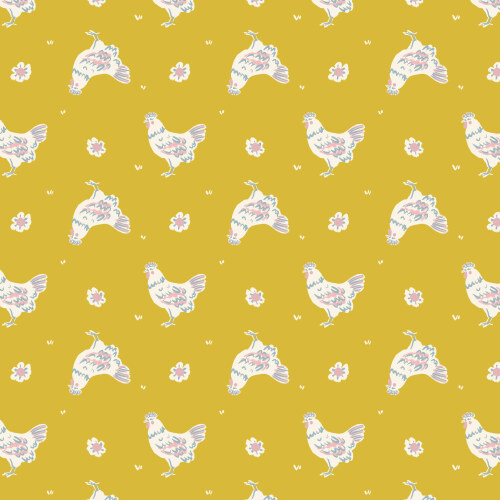 Happy Hens from Happy Homestead in Gold by Samantha Johnson for Cloud9 Fabrics