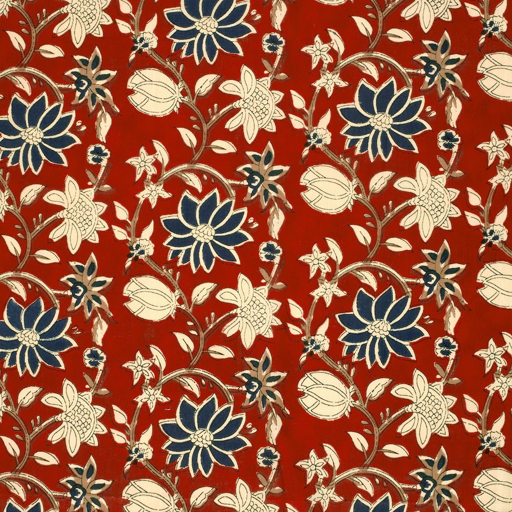 Blue And Cream On Red Floral Indian Block Print In Cotton By Modelo Fabrics