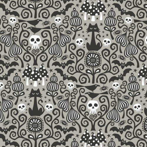 The Black Cat from Gothic Whimsy in Gray by Anequ Studio for Cloud9 Fabrics