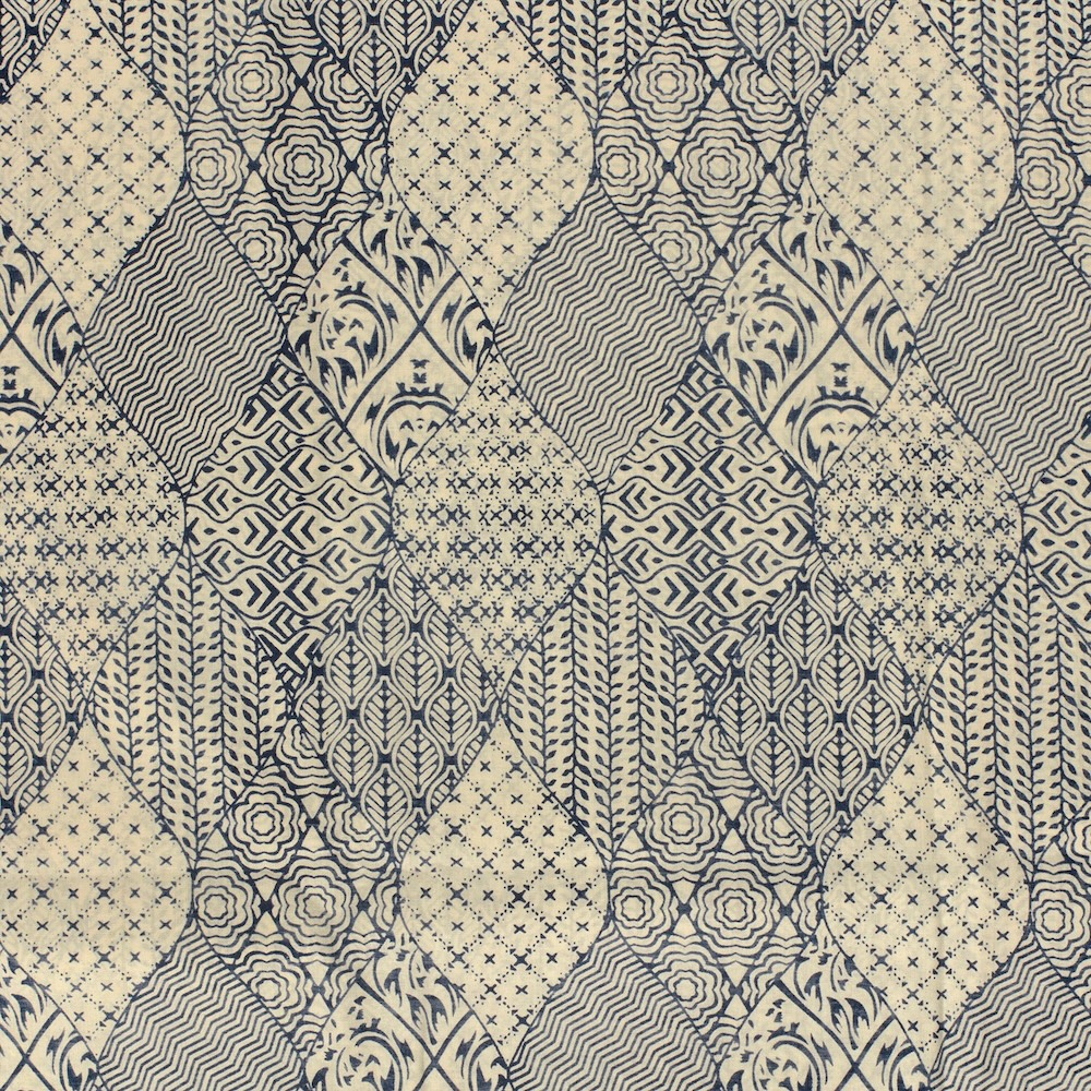 Cream And Indigo Abstract Indian Block Print In Cotton By Modelo Fabrics