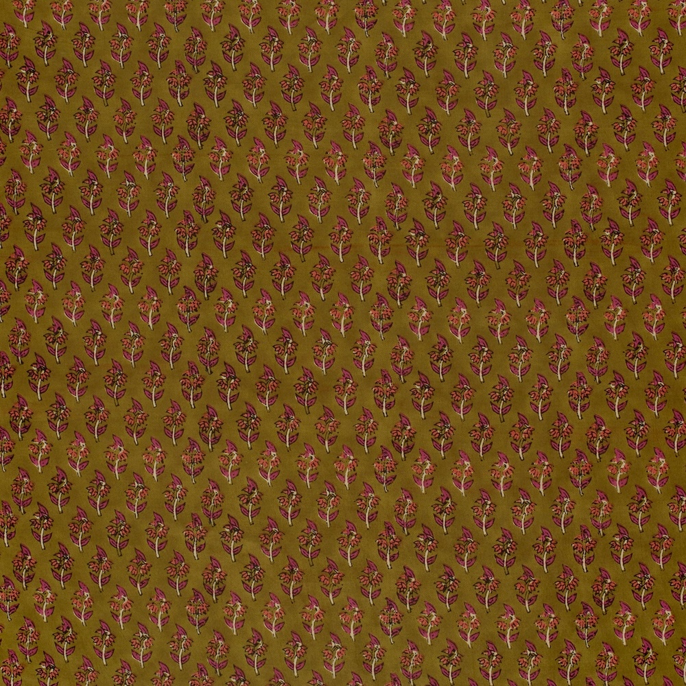 Pink On Green Floral Indian Block Print In Cotton By Modelo Fabrics