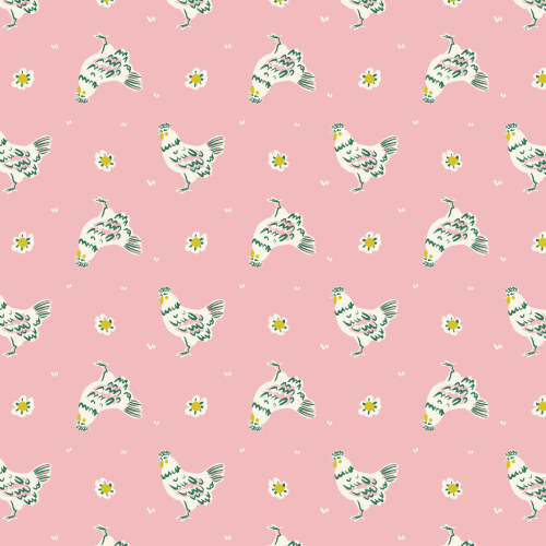 Happy Hens from Happy Homestead in Pink by Samantha Johnson for Cloud9 Fabrics